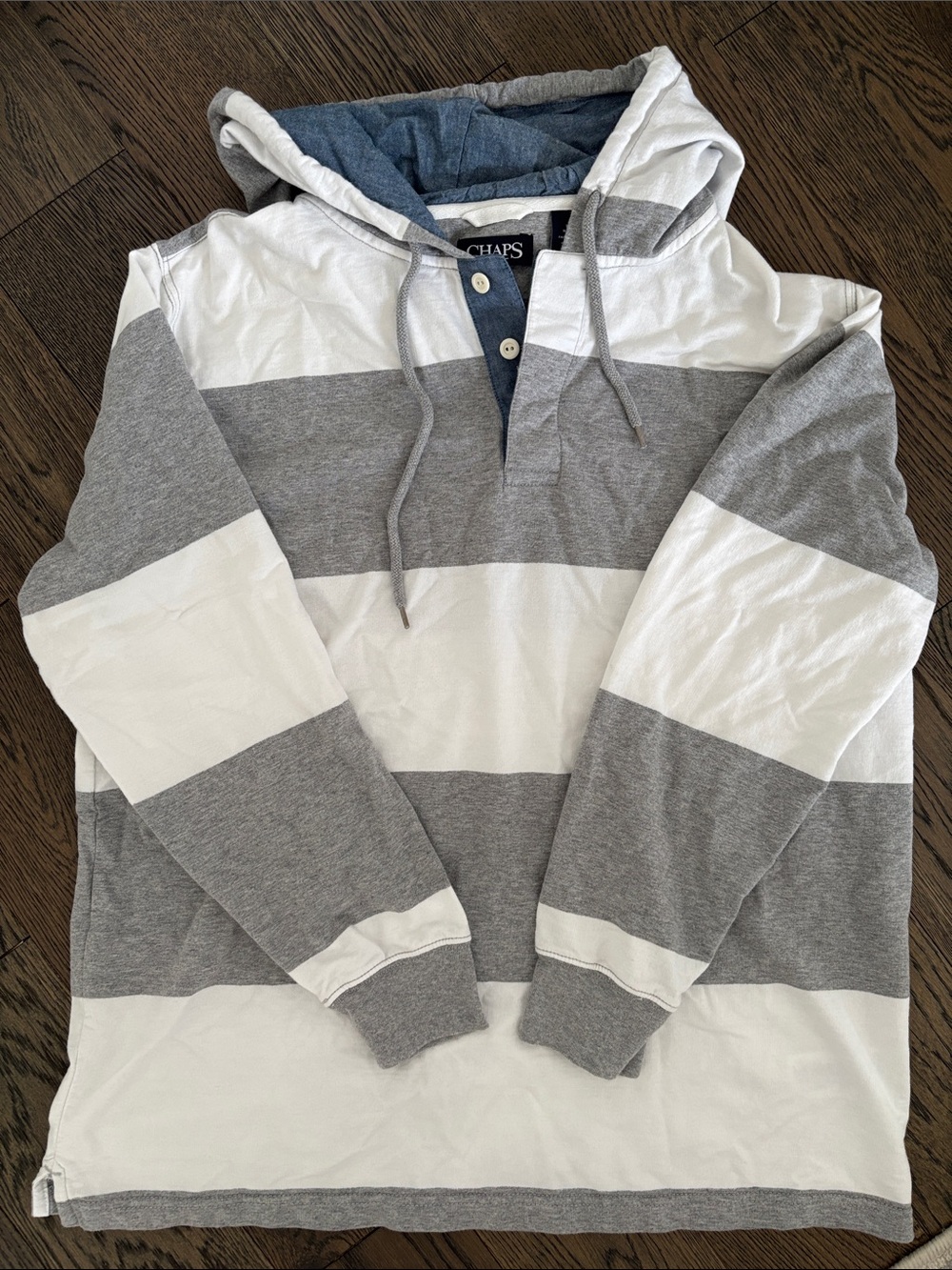 Chaps Gray and White Striped Hooded Rugby Pullover Academia Casual Everyday XL